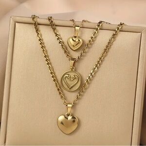 3pcs Retro Fashion Stainless Steel Love Heart Pendant Multi-layer Necklace Set